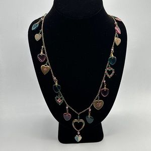 Vtg Glass Works Studio Necklace Enamel Heart Charm Long pink Blue 31” Long #546